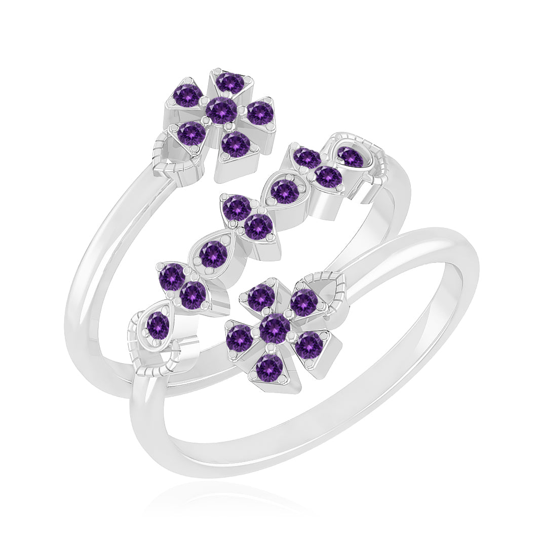 Floral Bypass Ring | Sterling Silver Birthstone Ring | Genuine Gemstone & Diamond Studded Ring | Personalized Promise Ring | Gift for Her