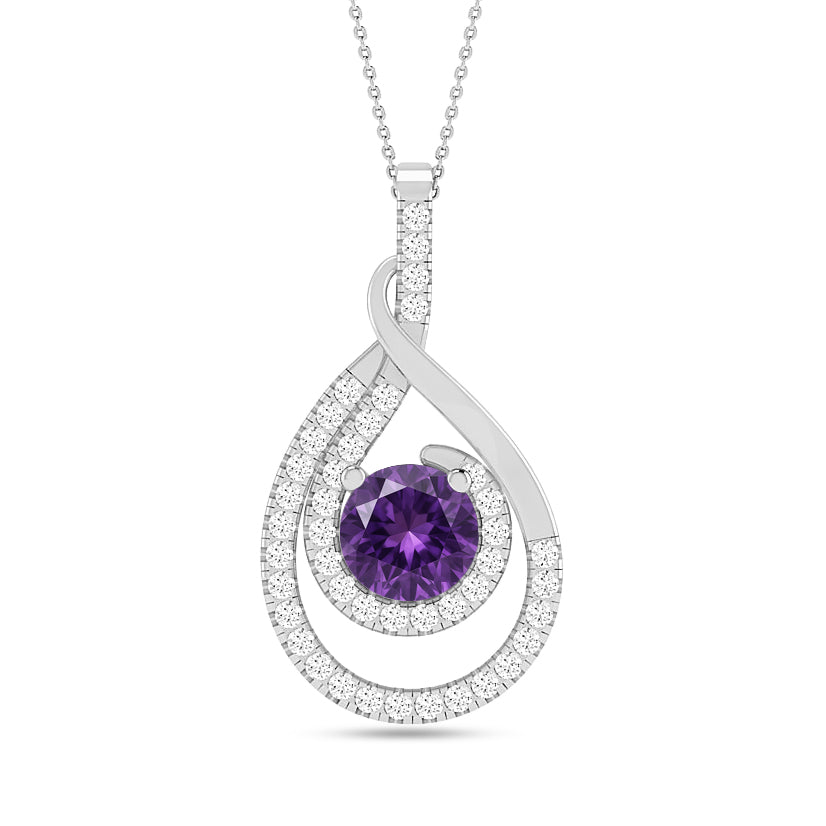 Teardrop Swirl Halo Pendant | Starburst Pendant | Heart Knot Teardrop Pendant | Sterling Silver Birthstone Necklace | Diamond Accent | Adjustable Chain | 15 Gemstone Choices