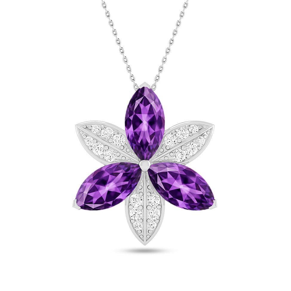 Floral Marquise Pendant | Starburst Pendant | Heart Knot Teardrop Pendant | Sterling Silver Birthstone Necklace | Diamond Accent | Adjustable Chain | 15 Gemstone Choices
