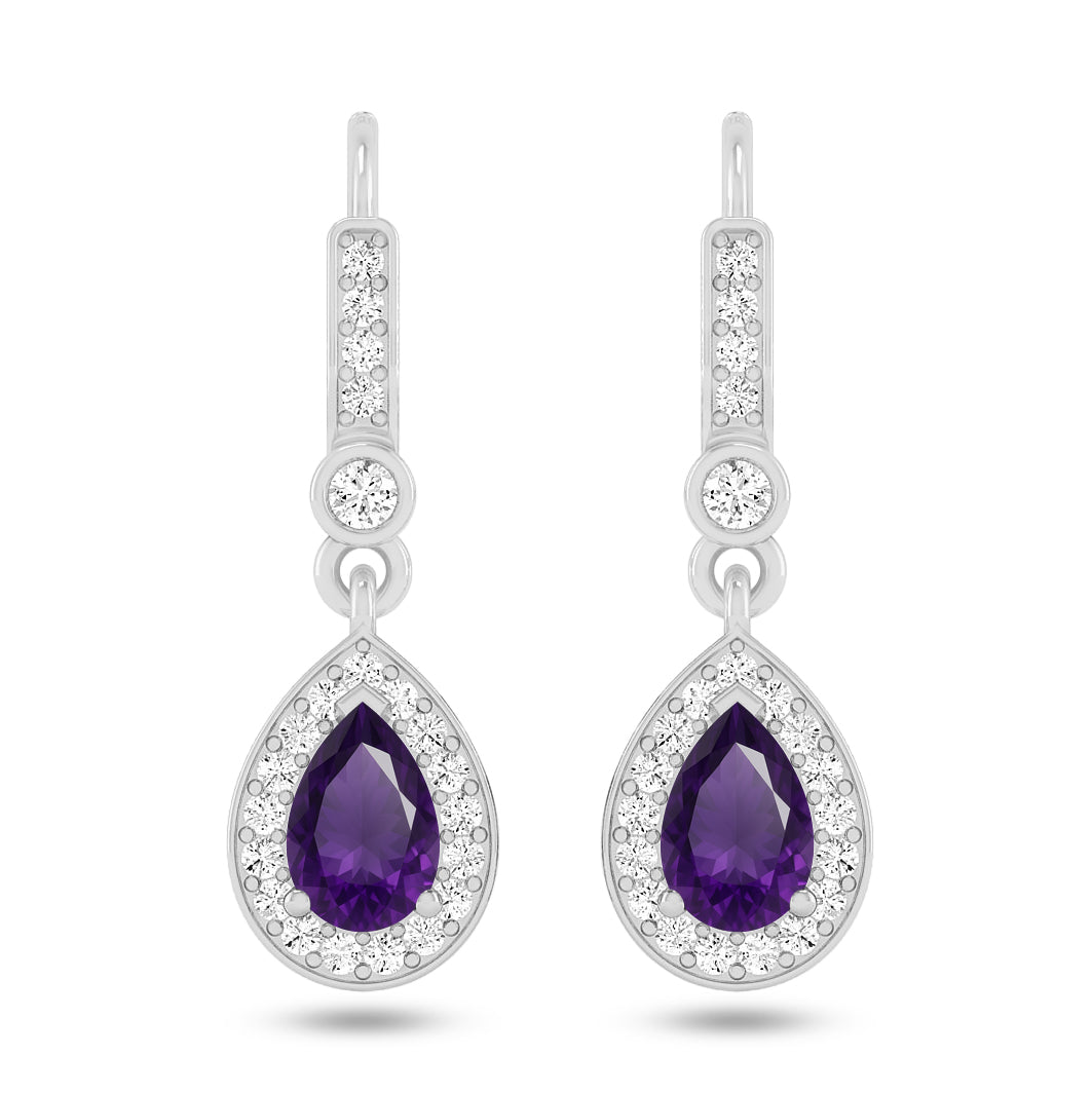 Pear Halo Drop Earrings | 925 Sterling Silver Birthstone Stud Earrings | Diamond Accent Gemstone Earrings | 15 Birthstone Options | Gift for Women
