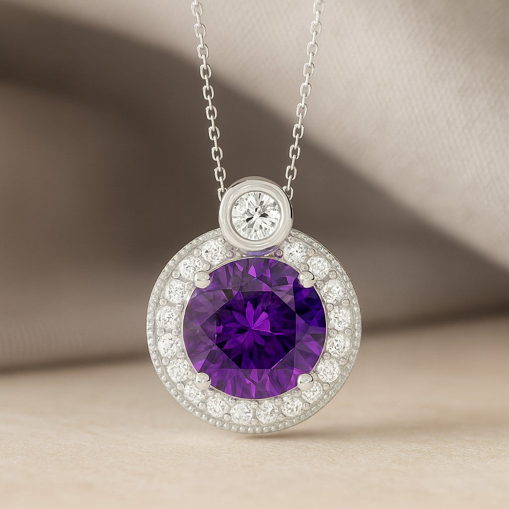 Round Halo Pendant | Starburst Pendant | Heart Knot Teardrop Pendant | Sterling Silver Birthstone Necklace | Diamond Accent | Adjustable Chain | 15 Gemstone Choices