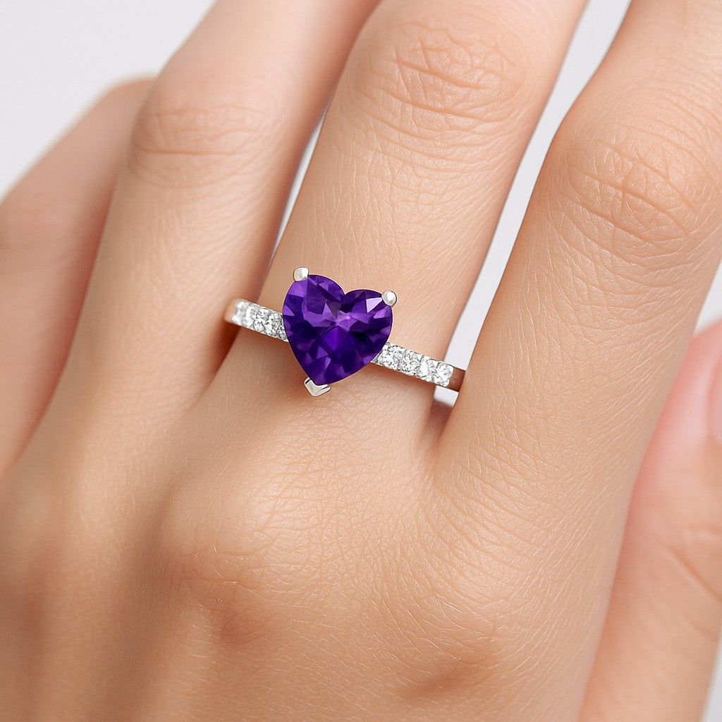 Heart-Cut Center Gemstone | Sterling Silver Birthstone Ring | Genuine Gemstone Studded Ring | Personalized Promise Ring | Gift for Her