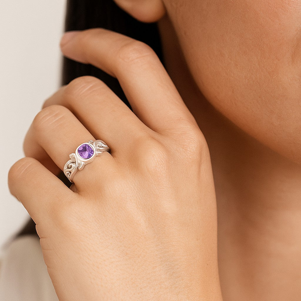Celtic Knot Bezel Solitaire Ring | Sterling Silver Birthstone Ring | Genuine Gemstone & Diamond Studded Ring | Personalized Promise Ring | Gift for Her