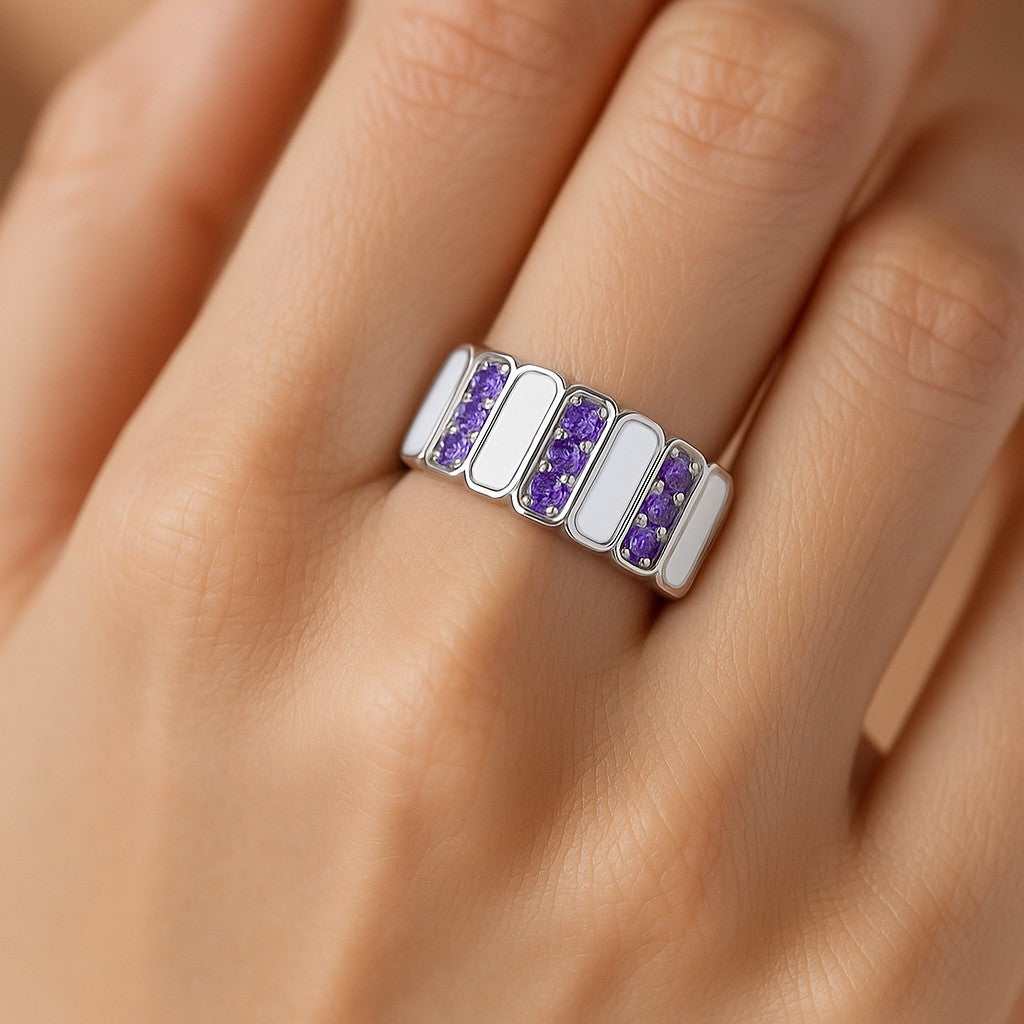 Full Eternity Band Ring | Sterling Silver Birthstone Ring | Genuine Gemstone & Diamond Studded Ring | Personalized Promise Ring | Gift for Her