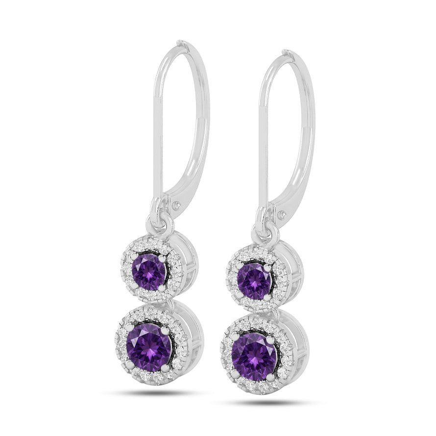 Double Halo Lever back Drop Earrings | 925 Sterling Silver Birthstone Stud Earrings | Diamond Accent Gemstone Earrings | 15 Birthstone Options | Gift for Women