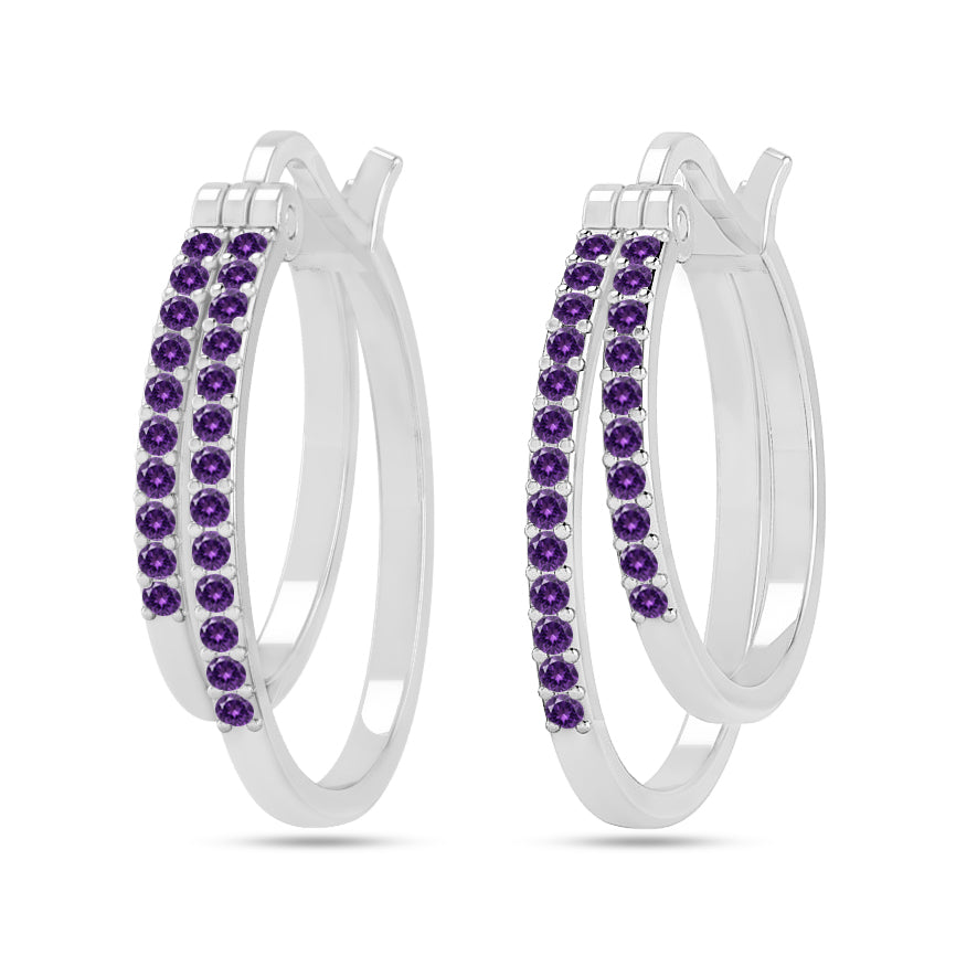 Double Row Hoop Earrings | 925 Sterling Silver Birthstone Stud Earrings | Diamond Accent Gemstone Earrings | 15 Birthstone Options | Gift for Women