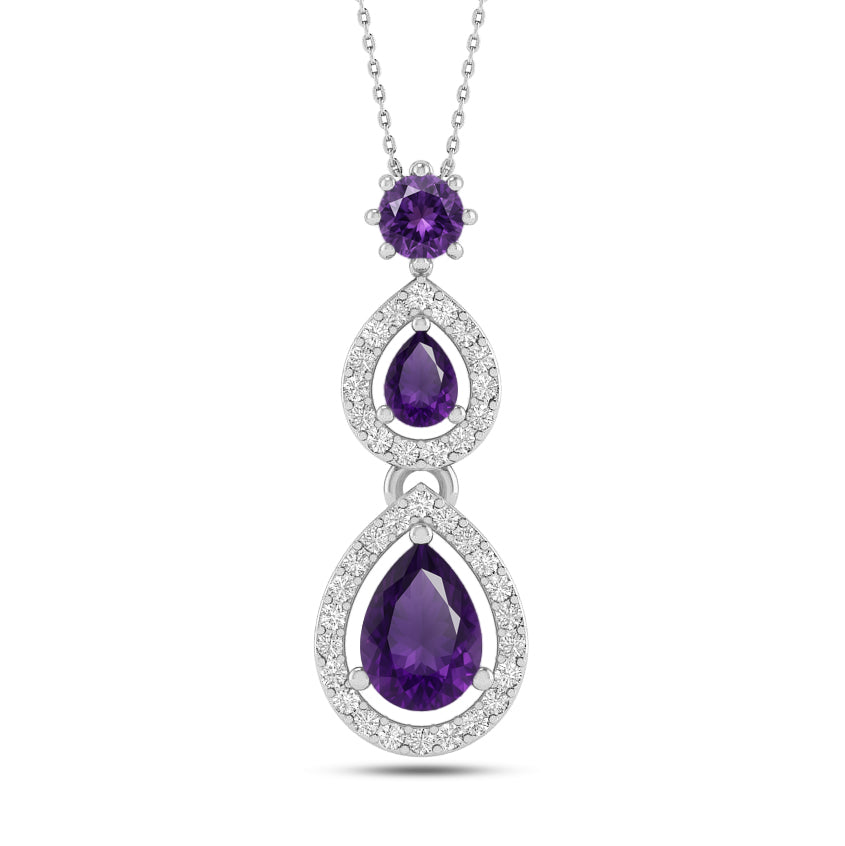 Double Pear Halo Drop Pendant | Sterling Silver Birthstone Necklace | Diamond Accent | Adjustable Chain | 15 Gemstone Choices