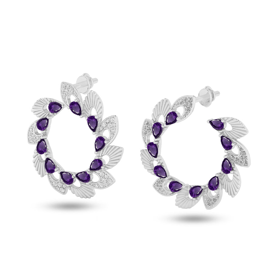 Floral Wreath Hoop Earrings | 925 Sterling Silver Birthstone Stud Earrings | Diamond Accent Gemstone Earrings | 15 Birthstone Options | Gift for Women