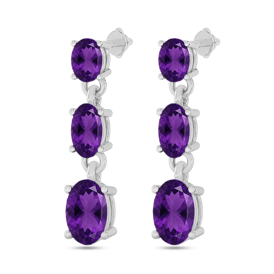 Three-Stone Drop Earrings | 925 Sterling Silver Birthstone Stud Earrings | Diamond Accent Gemstone Earrings | 15 Birthstone Options | Gift for Women