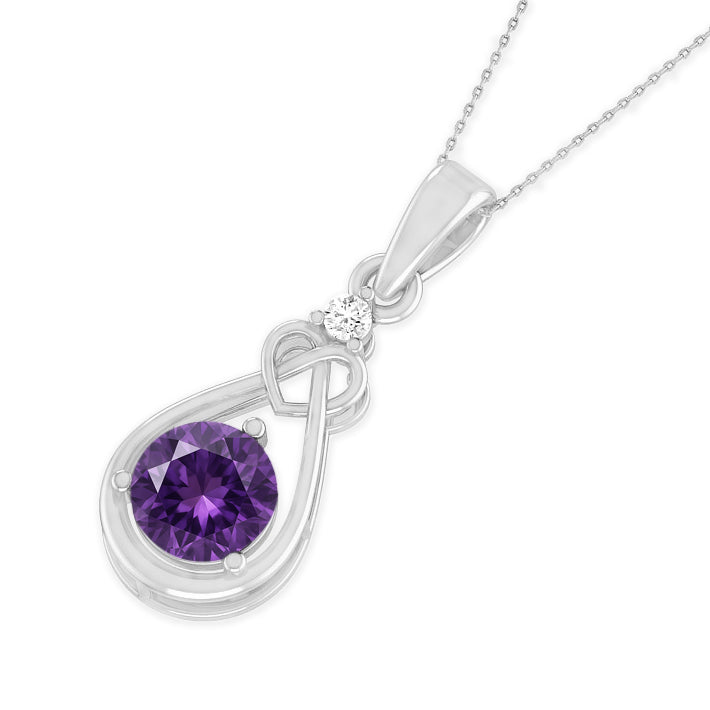Heart Knot Teardrop Pendant | Sterling Silver Birthstone Necklace | Diamond Accent | Adjustable Chain | 15 Gemstone Choices