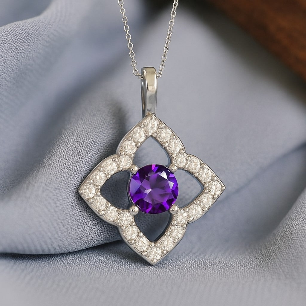 Floral Quatrefoil Halo Pendant | Starburst Pendant | Heart Knot Teardrop Pendant | Sterling Silver Birthstone Necklace | Diamond Accent | Adjustable Chain | 15 Gemstone Choices