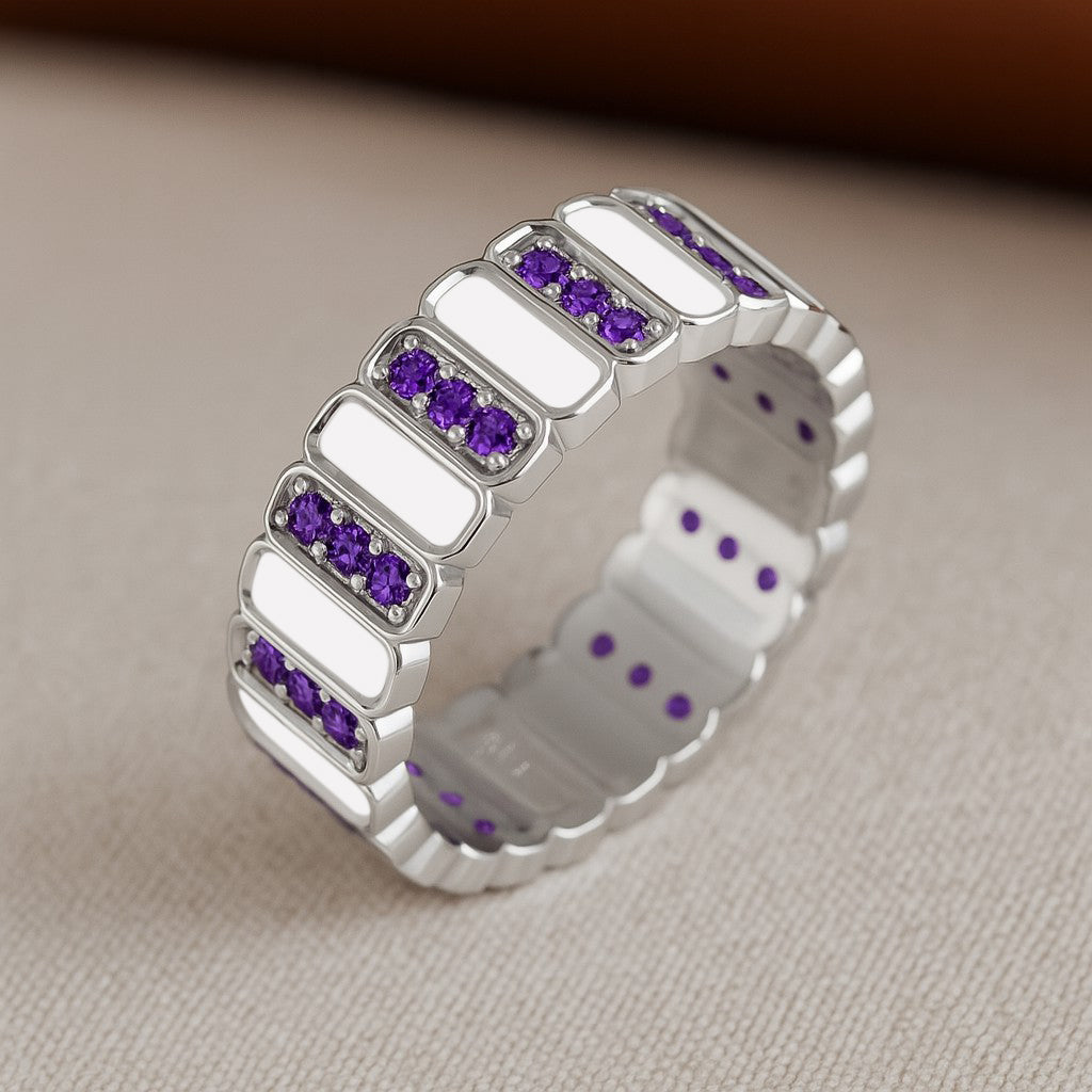 Full Eternity Band Ring | Sterling Silver Birthstone Ring | Genuine Gemstone & Diamond Studded Ring | Personalized Promise Ring | Gift for Her