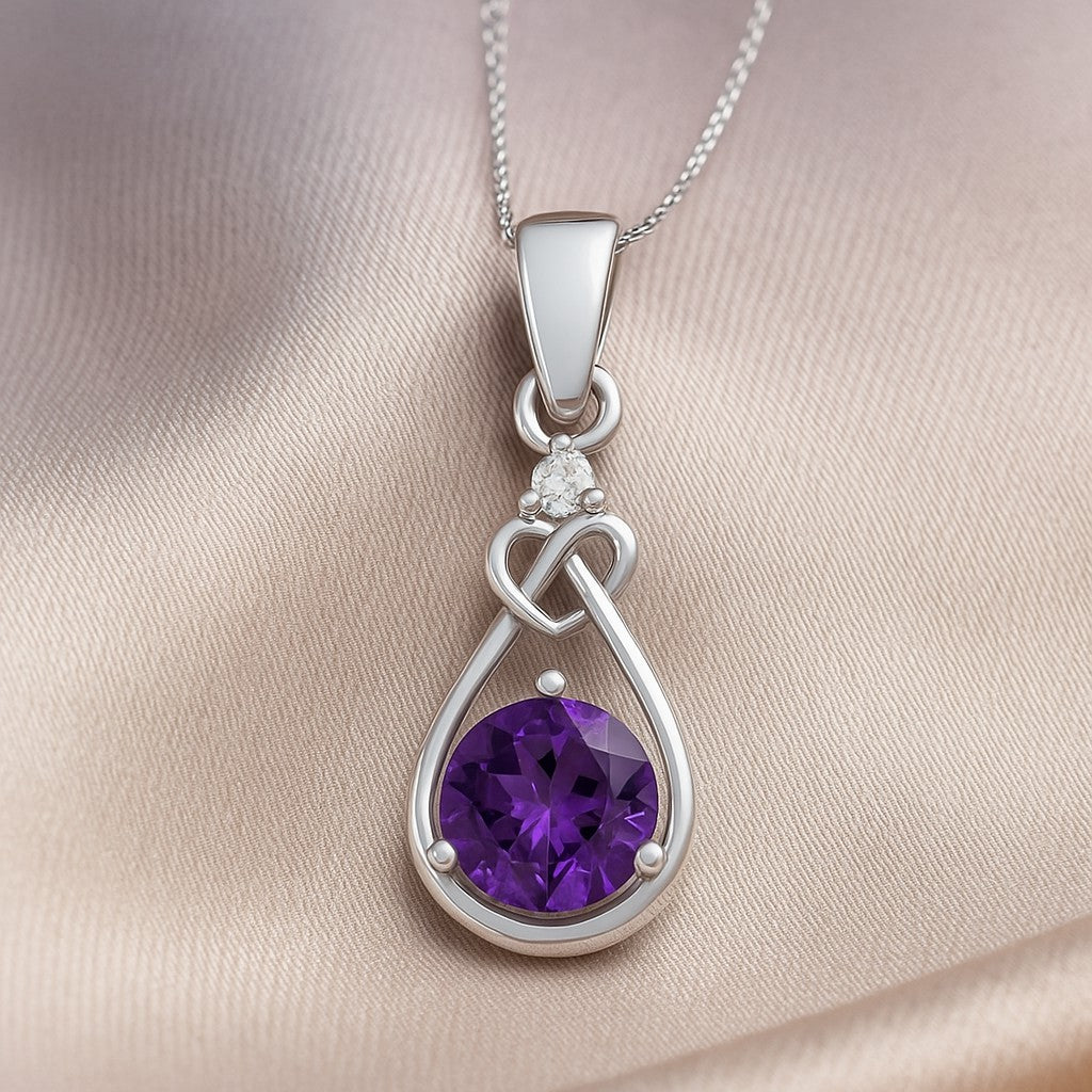 Heart Knot Teardrop Pendant | Sterling Silver Birthstone Necklace | Diamond Accent | Adjustable Chain | 15 Gemstone Choices