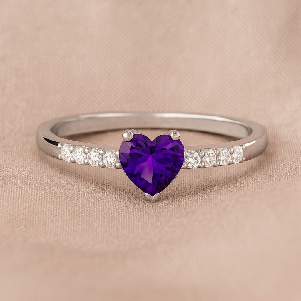 Heart-Cut Center Gemstone | Sterling Silver Birthstone Ring | Genuine Gemstone Studded Ring | Personalized Promise Ring | Gift for Her