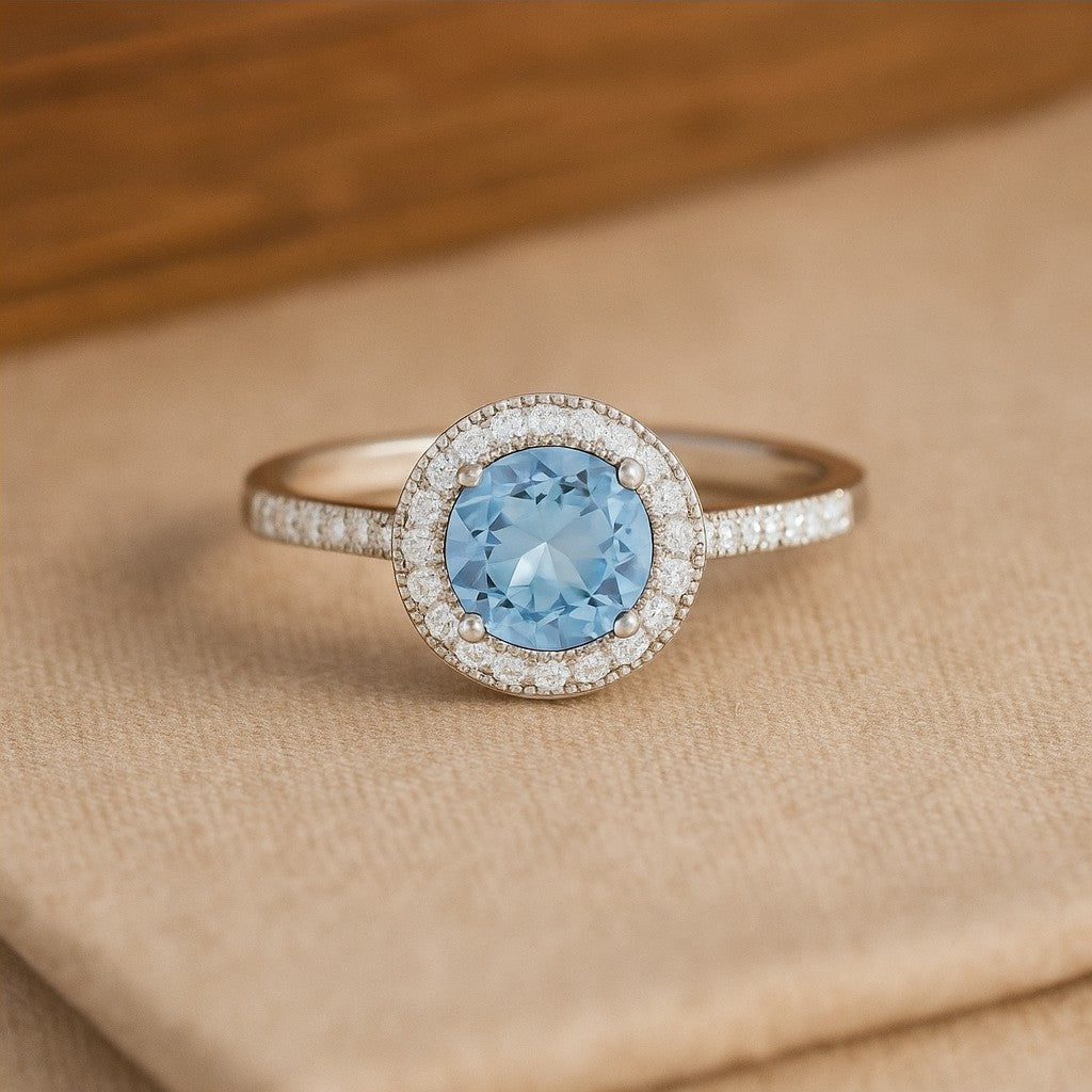 Halo Solitaire Ring | Sterling Silver Birthstone Ring | Genuine Gemstone & Diamond Studded Ring | Personalized Promise Ring | Gift for Her