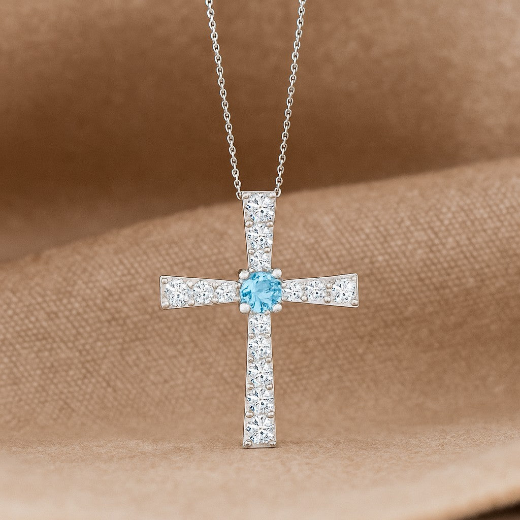 Cross Pendant | Sterling Silver Birthstone Necklace | Diamond Accent | Adjustable Chain | 15 Gemstone Choices
