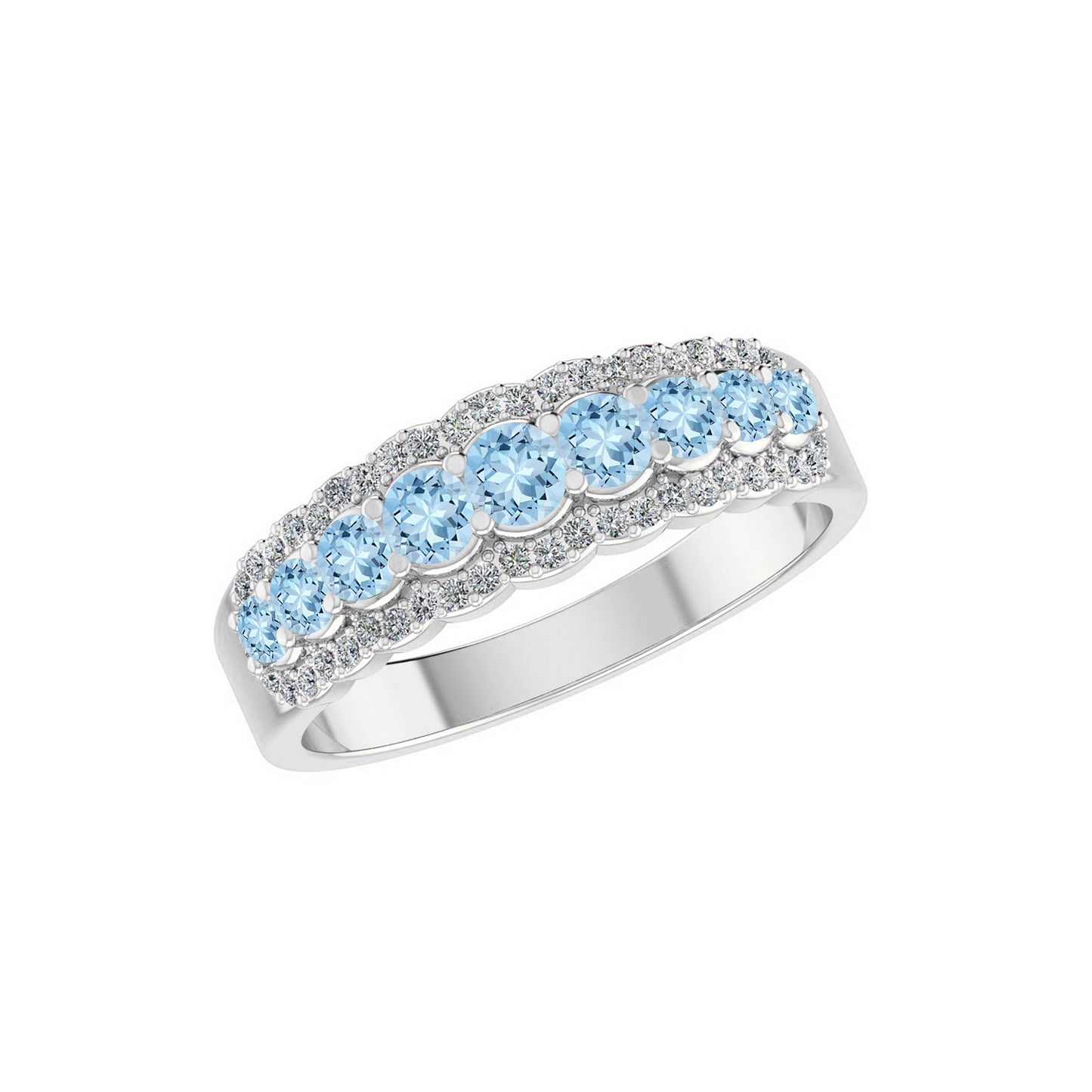 Double Halo Half Eternity Ring | Sterling Silver Birthstone Ring | Genuine Gemstone & Diamond Studded Ring | Personalized Promise Ring | Gift for Her