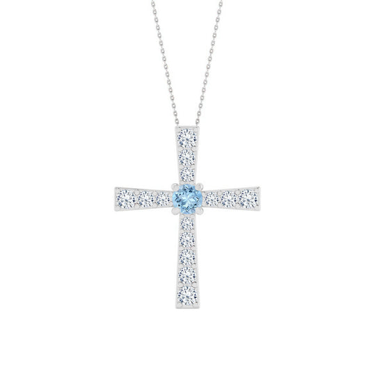 Cross Pendant | Sterling Silver Birthstone Necklace | Diamond Accent | Adjustable Chain | 15 Gemstone Choices