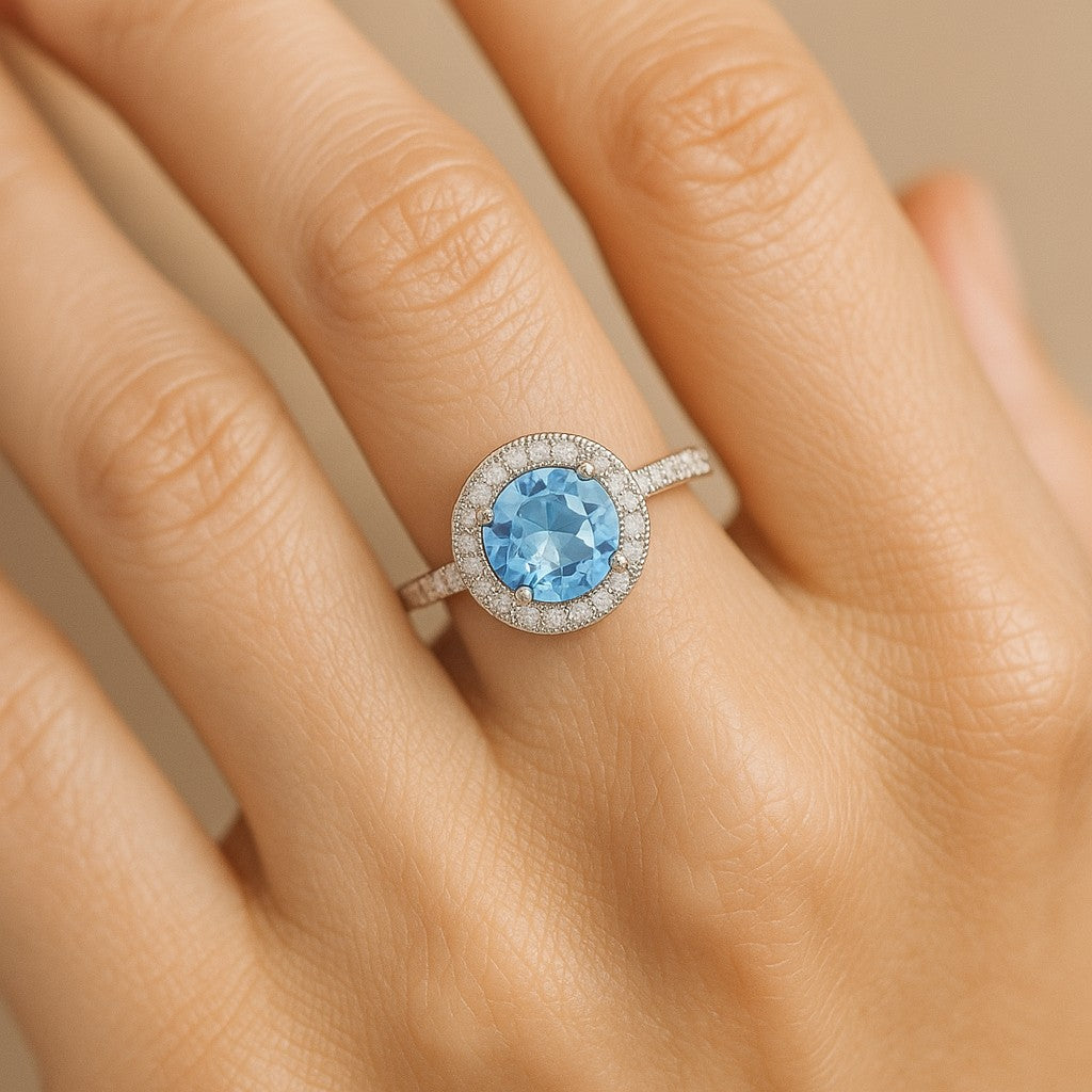 Halo Solitaire Ring | Sterling Silver Birthstone Ring | Genuine Gemstone & Diamond Studded Ring | Personalized Promise Ring | Gift for Her