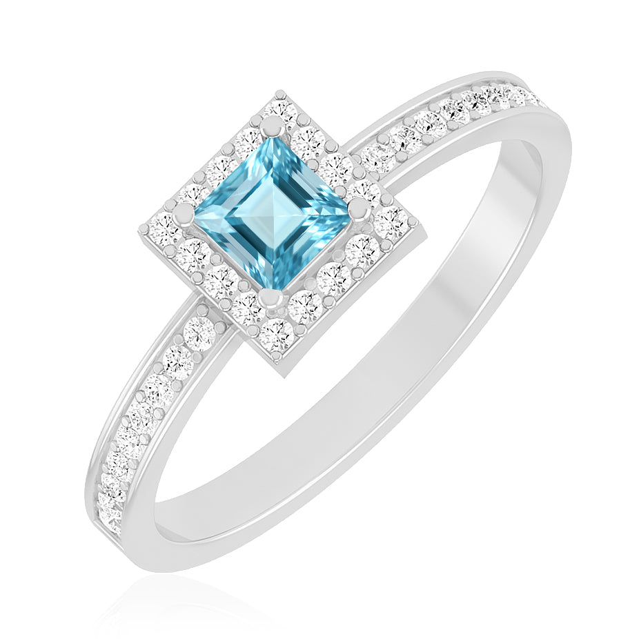Princess Halo Solitaire Ring | Sterling Silver Birthstone Ring | Genuine Gemstone & Diamond Studded Ring | Personalized Promise Ring | Gift for Her
