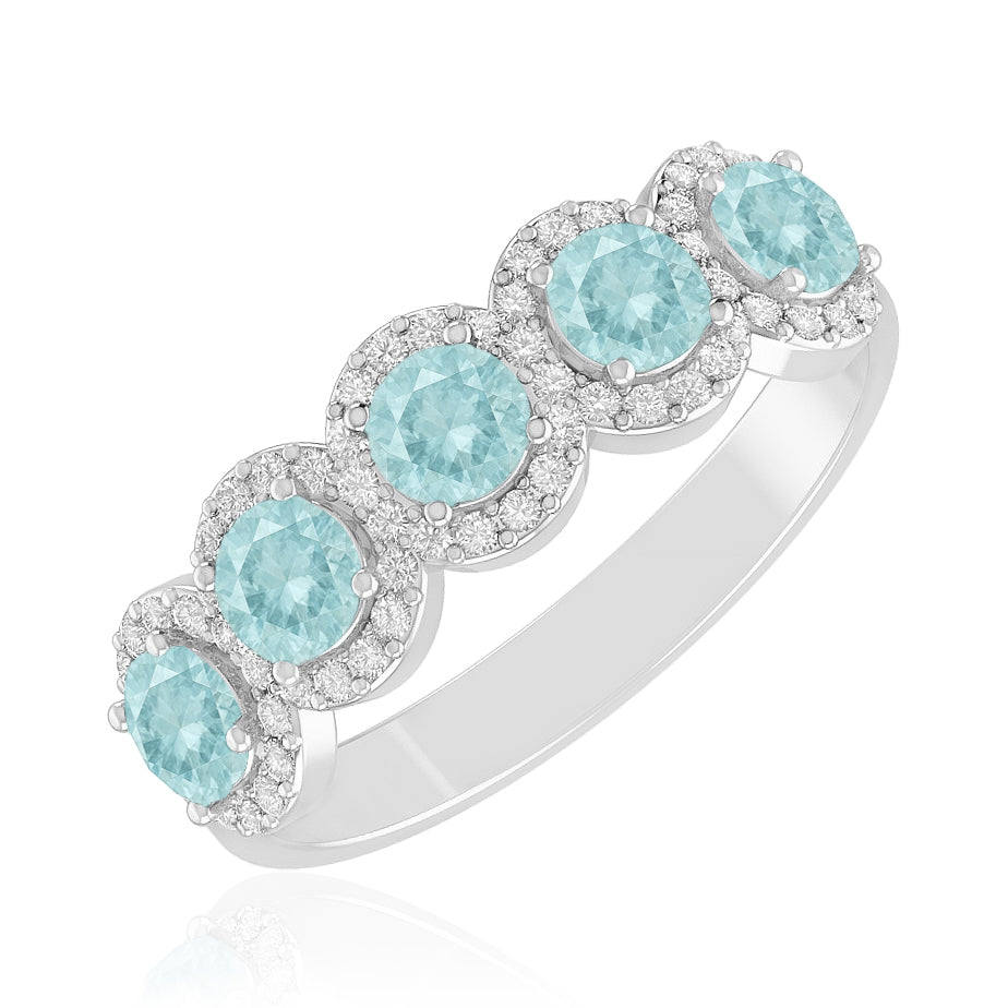 Five Stone Halo Ring | Half Eternity Ring | Sterling Silver Birthstone Ring | Genuine Gemstone & Diamond Studded Ring | Personalized Promise Ring | Gift for Her