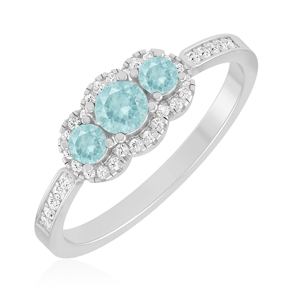 Trilogy Halo Ring | Sterling Silver Birthstone Ring | Genuine Gemstone & Diamond Studded Ring | Personalized Promise Ring | Gift for Her