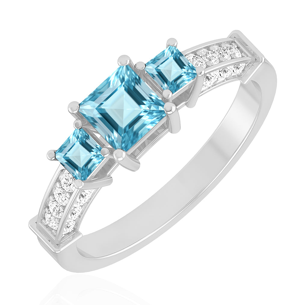Princess Cut Three-Stone Ring | Sterling Silver Birthstone Ring | Genuine Gemstone & Diamond Studded Ring | Personalized Promise Ring | Gift for Her