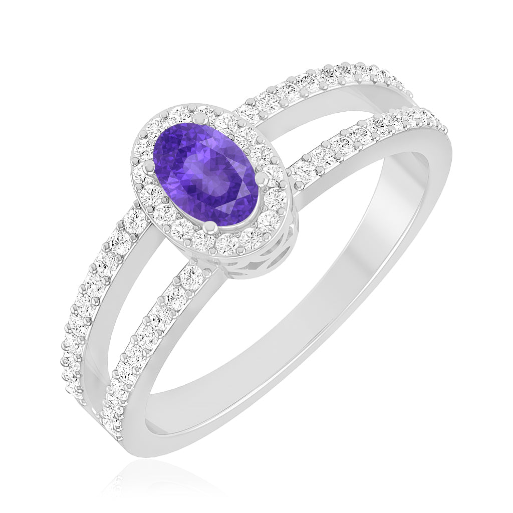 Halo Split Shank Ring | Sterling Silver Birthstone Ring | Genuine Gemstone & Diamond Studded Ring | Personalized Promise Ring | Gift for Her