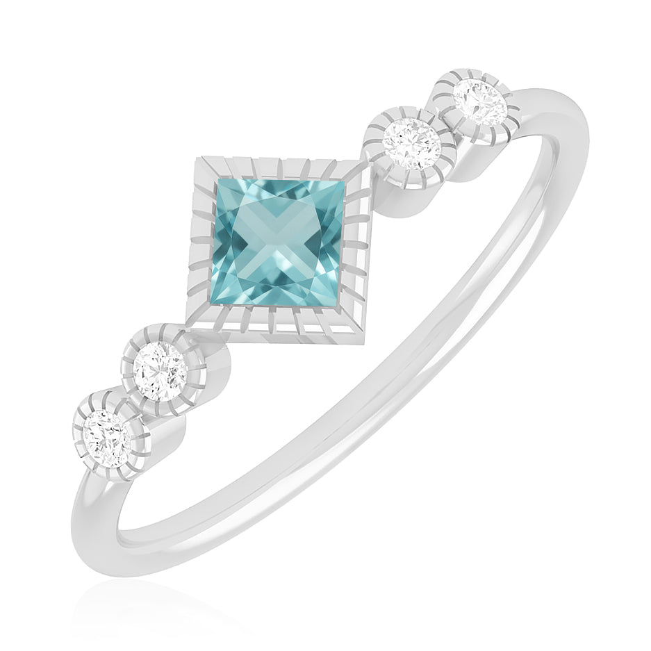 Princess Cut Bezel Three-Stone Ring | Sterling Silver Birthstone Ring | Genuine Gemstone & Diamond Studded Ring | Personalized Promise Ring | Gift for Her