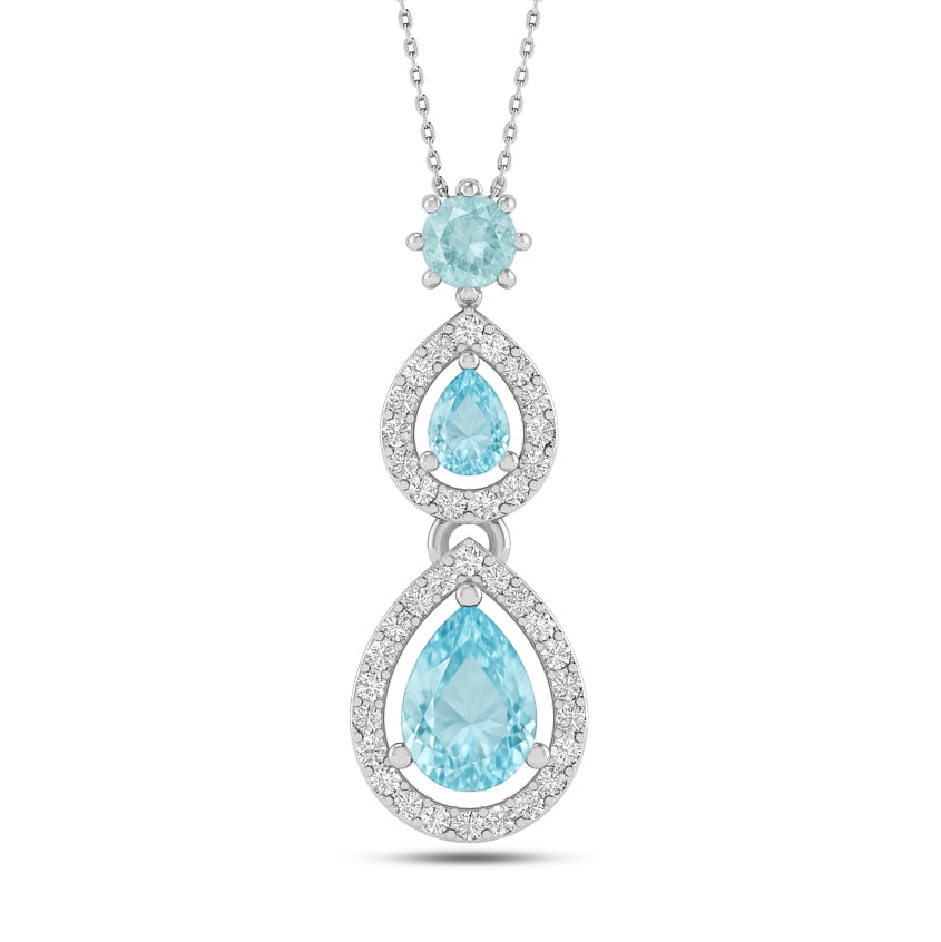 Double Pear Halo Drop Pendant | Sterling Silver Birthstone Necklace | Diamond Accent | Adjustable Chain | 15 Gemstone Choices