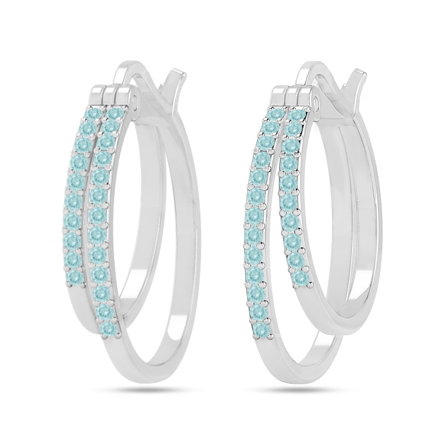 Double Row Hoop Earrings | 925 Sterling Silver Birthstone Stud Earrings | Diamond Accent Gemstone Earrings | 15 Birthstone Options | Gift for Women