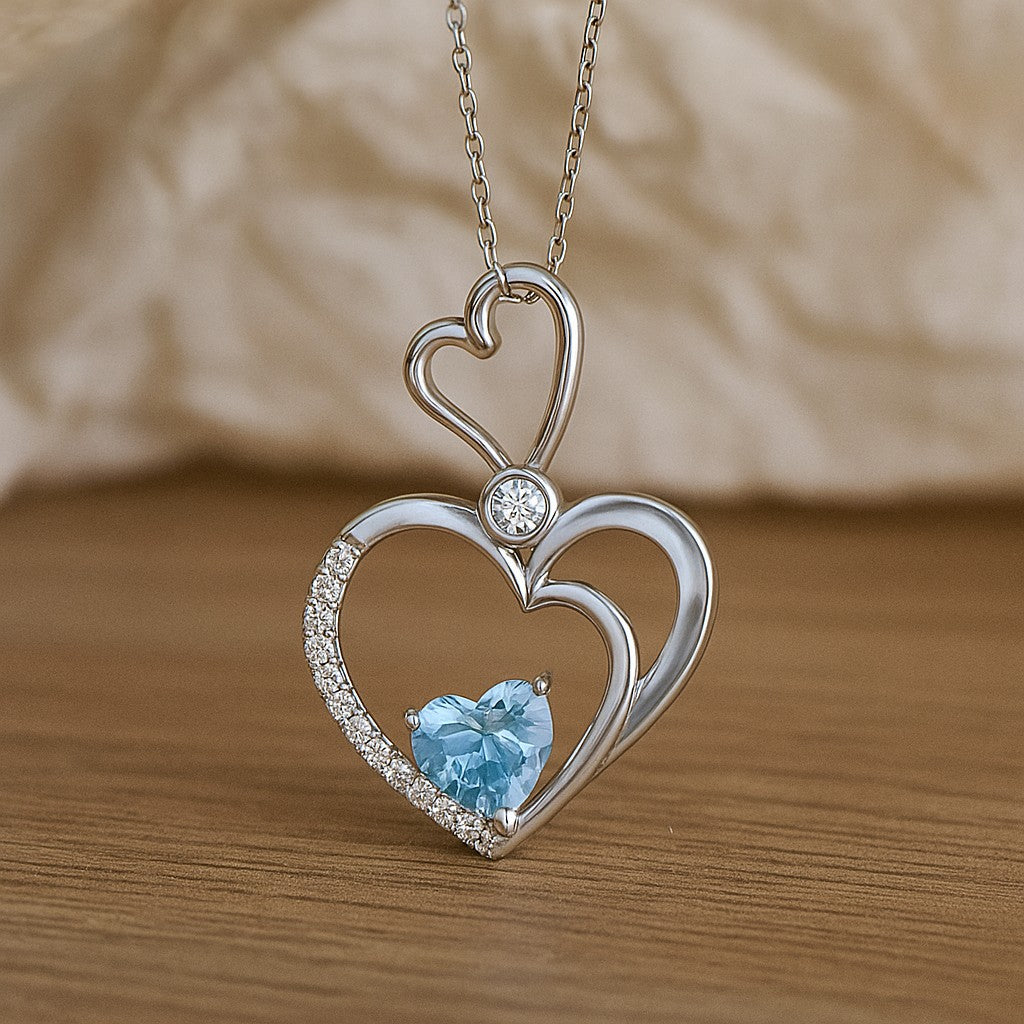 Double Heart Pendant | Starburst Pendant | Heart Knot Teardrop Pendant | Sterling Silver Birthstone Necklace | Diamond Accent | Adjustable Chain | 15 Gemstone Choices