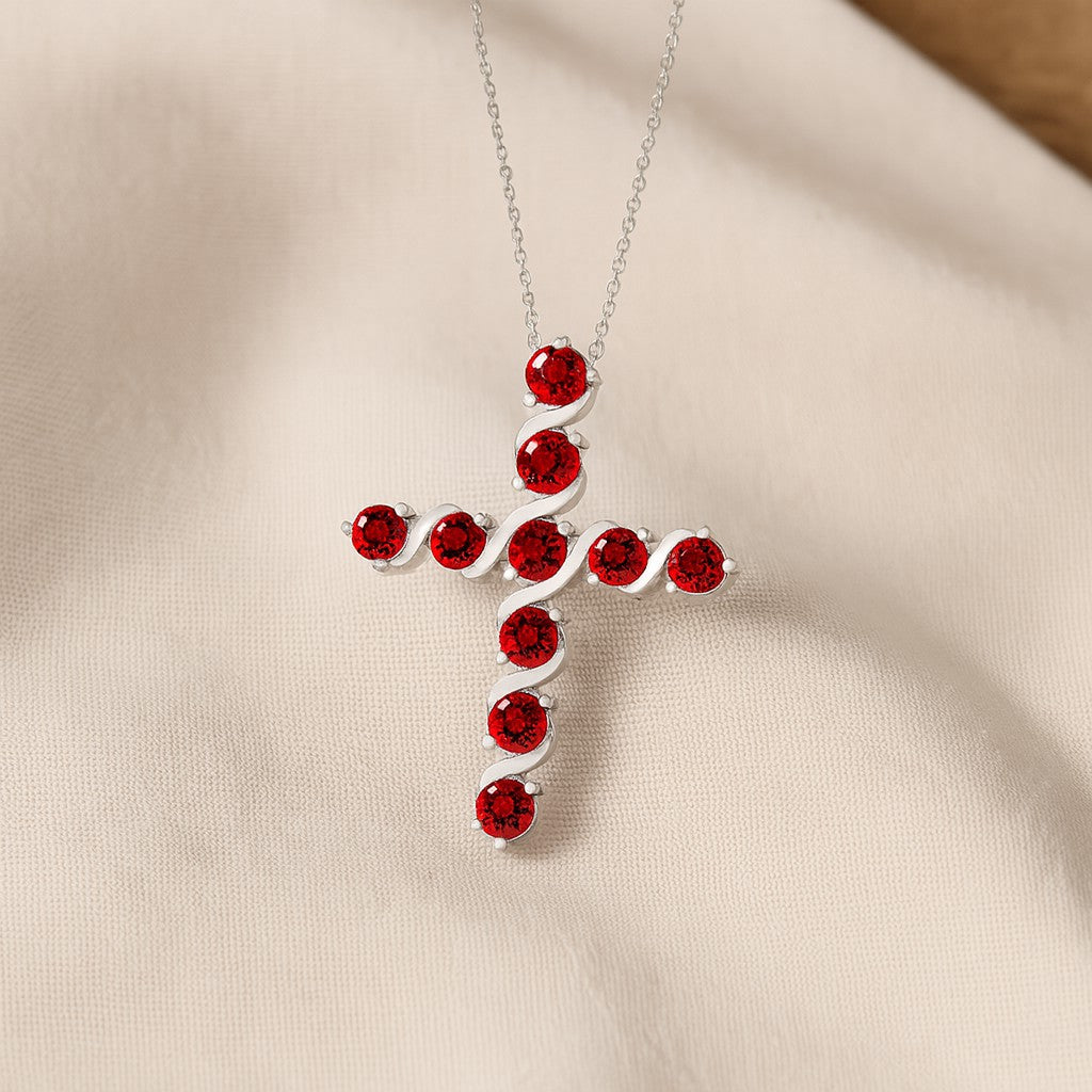 Gemstone Cross Pendant | Floral Vine Style Gemstone Pendant | Sterling Silver Birthstone Necklace | Adjustable Chain | 15 Gemstone Choices | Personalized Gemstone Pendant