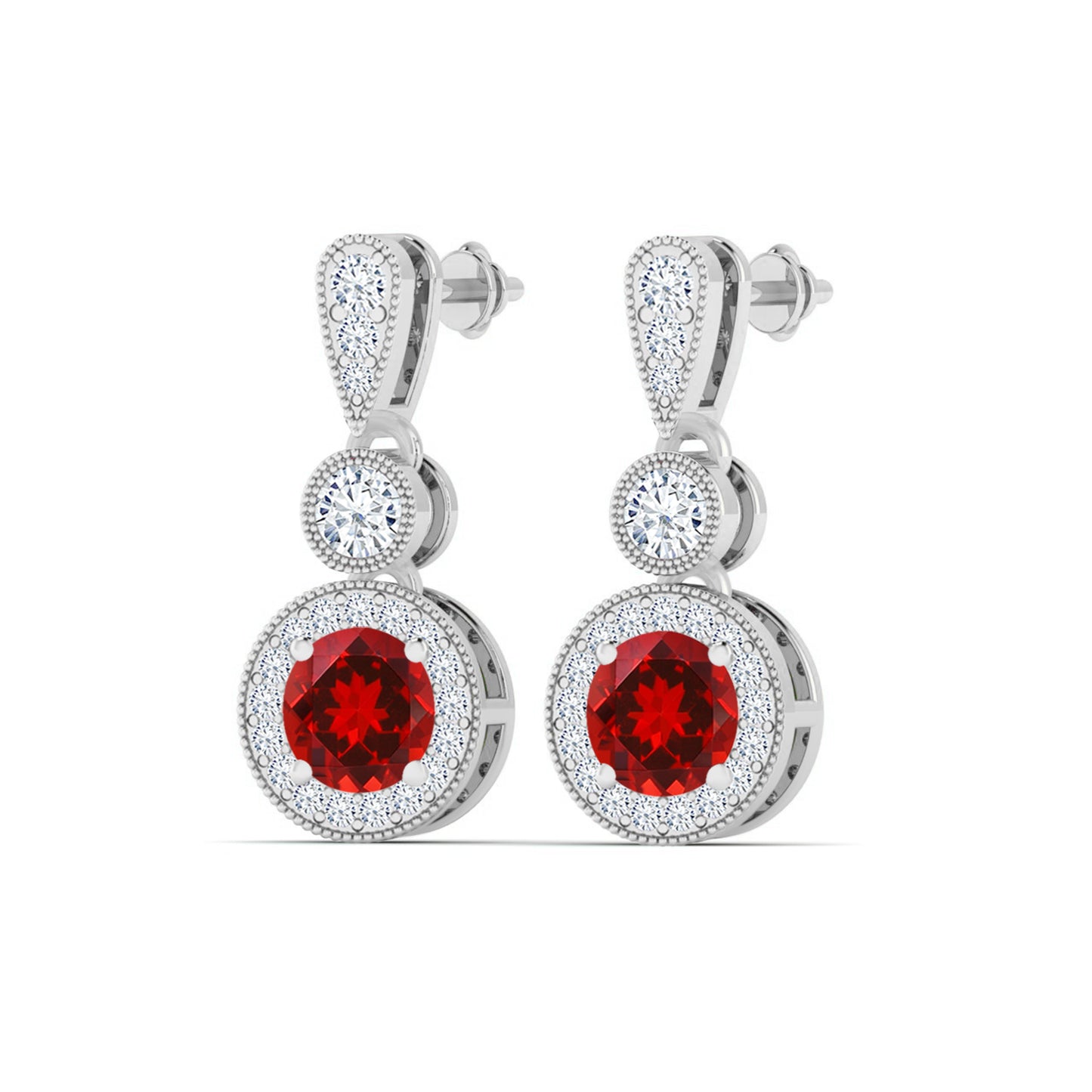 Three-Tier Halo Drop Earrings | 925 Sterling Silver Birthstone Stud Earrings | Diamond Accent Gemstone Earrings | 15 Birthstone Options | Gift for Women