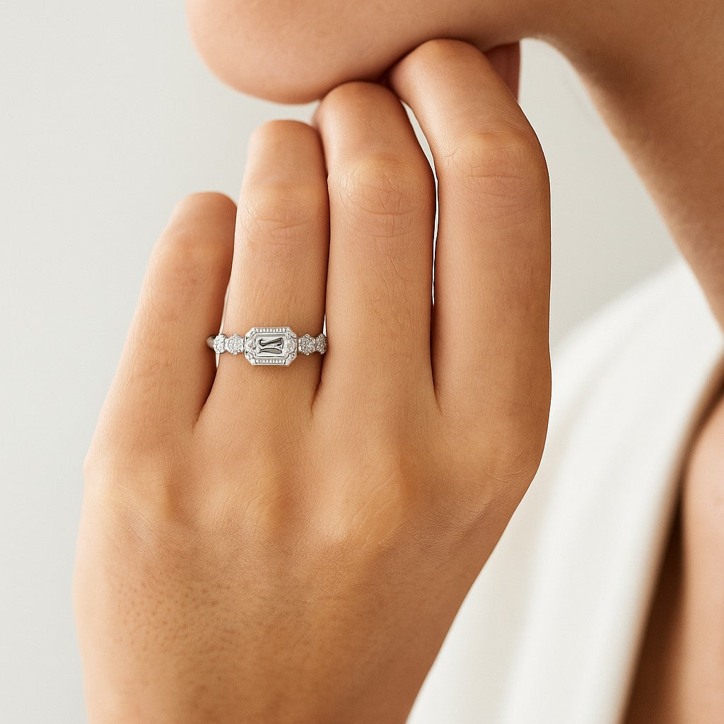 Art Deco Bezel Ring | Sterling Silver Birthstone Ring | Genuine Gemstone & Diamond Studded Ring | Personalized Promise Ring | Gift for Her