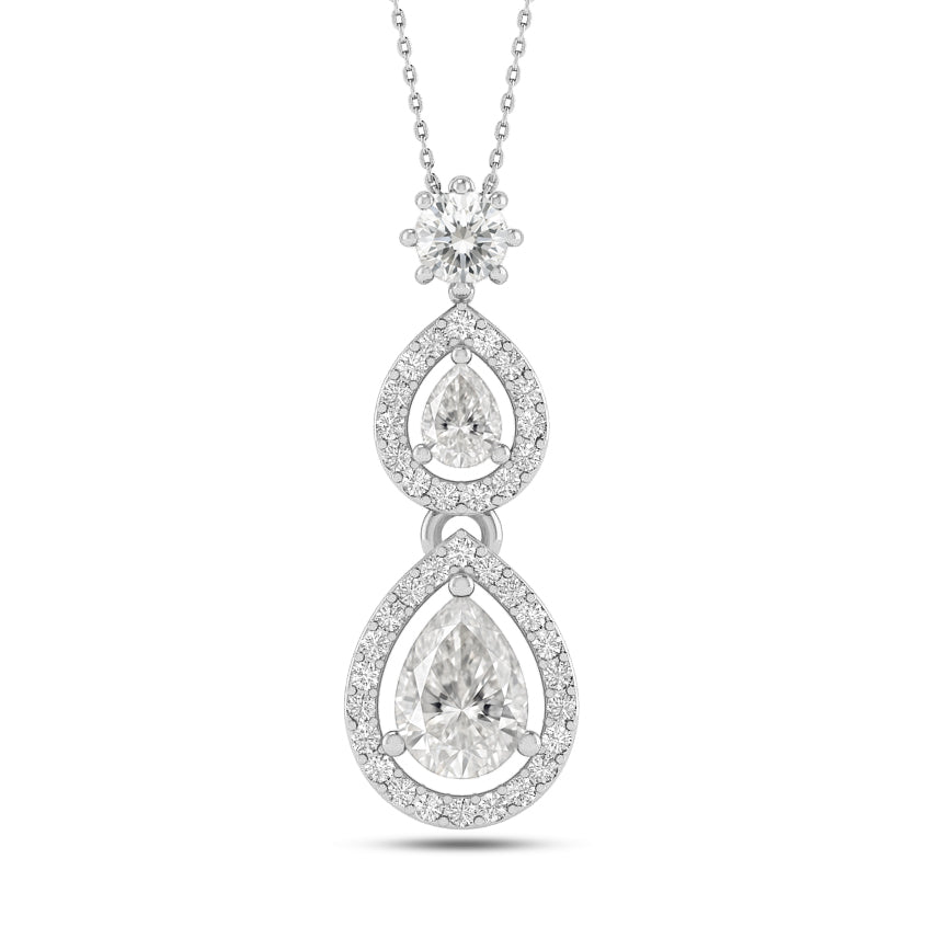 Double Pear Halo Drop Pendant | Sterling Silver Birthstone Necklace | Diamond Accent | Adjustable Chain | 15 Gemstone Choices