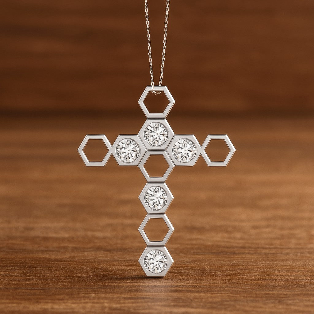 Geometric Cross Pendant | Sterling Silver Birthstone Necklace | Adjustable Chain | 15 Gemstone Choices | Personalized Gemstone Pendant