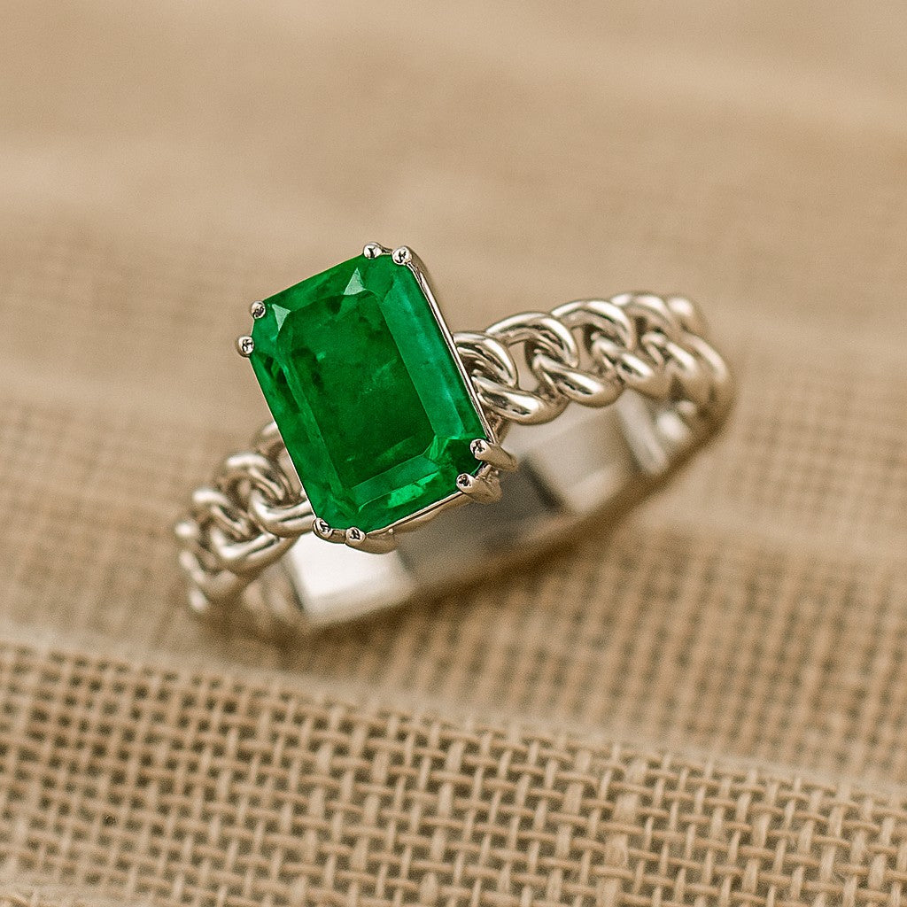 Chain Link Solitaire Ring | Sterling Silver Birthstone Ring | Genuine Gemstone Studded Ring | Personalized Promise Ring | Gift for Her