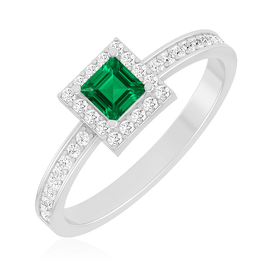 Princess Halo Solitaire Ring | Sterling Silver Birthstone Ring | Genuine Gemstone & Diamond Studded Ring | Personalized Promise Ring | Gift for Her