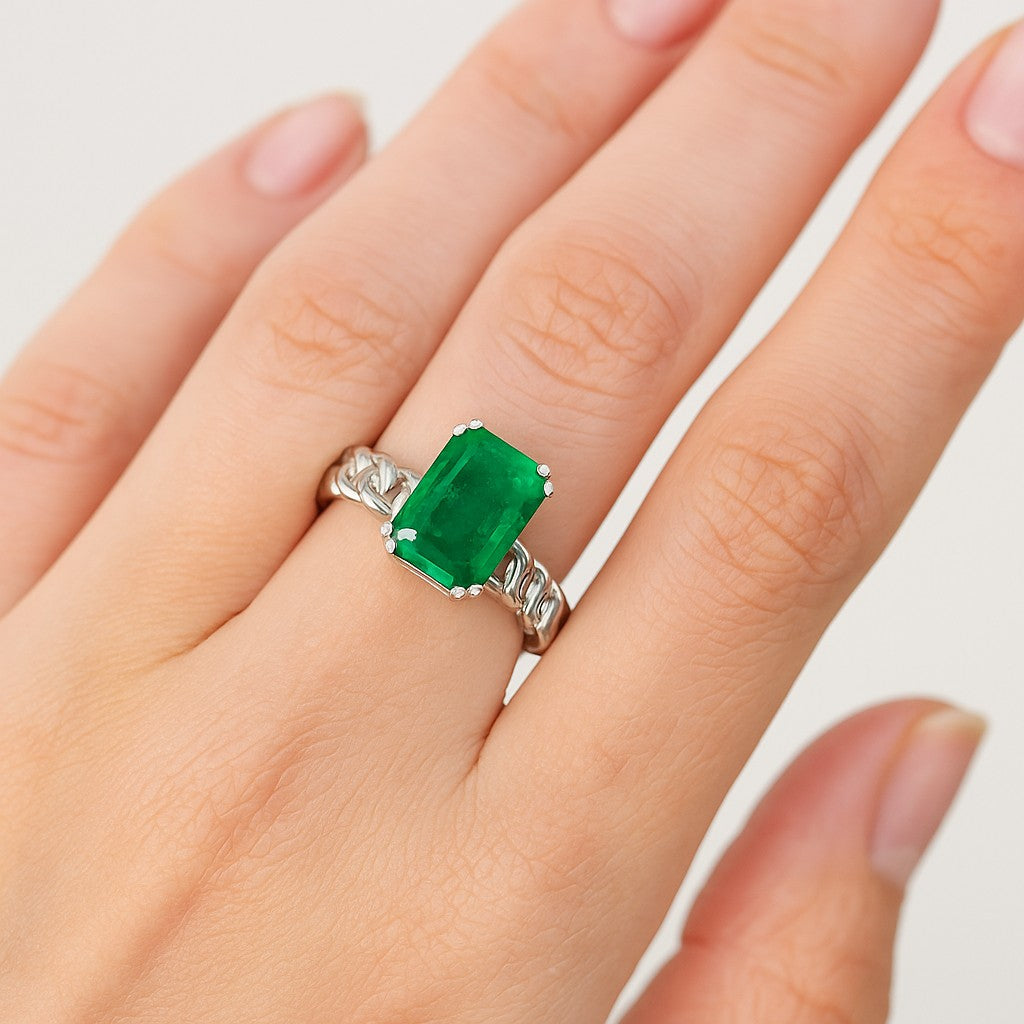 Chain Link Solitaire Ring | Sterling Silver Birthstone Ring | Genuine Gemstone Studded Ring | Personalized Promise Ring | Gift for Her