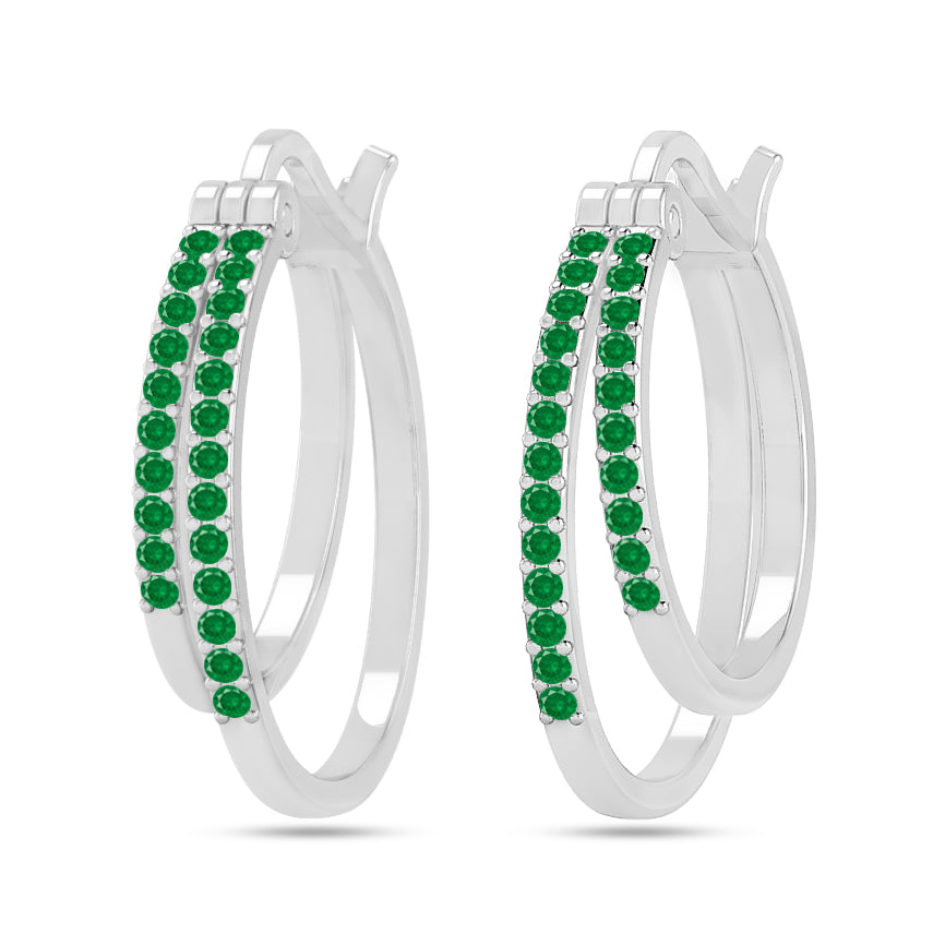 Double Row Hoop Earrings | 925 Sterling Silver Birthstone Stud Earrings | Diamond Accent Gemstone Earrings | 15 Birthstone Options | Gift for Women