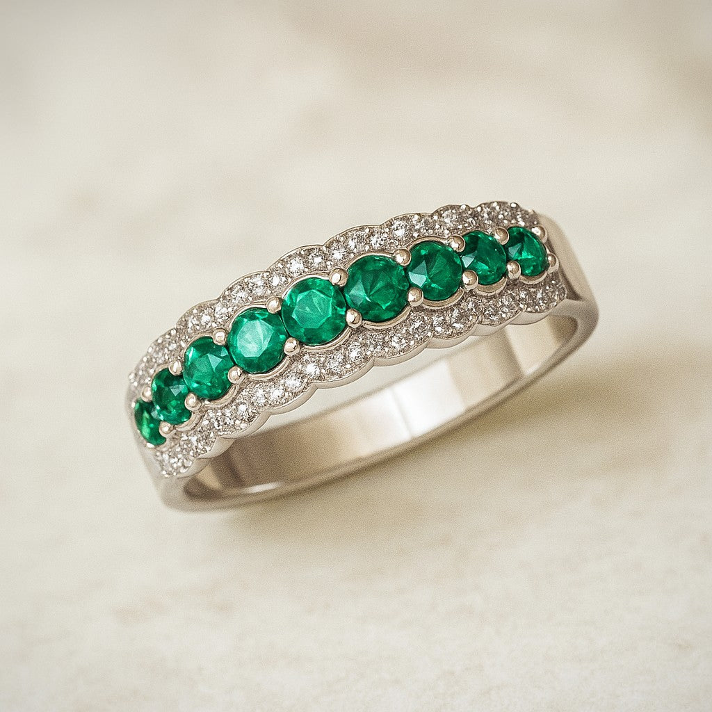Double Halo Half Eternity Ring | Sterling Silver Birthstone Ring | Genuine Gemstone & Diamond Studded Ring | Personalized Promise Ring | Gift for Her
