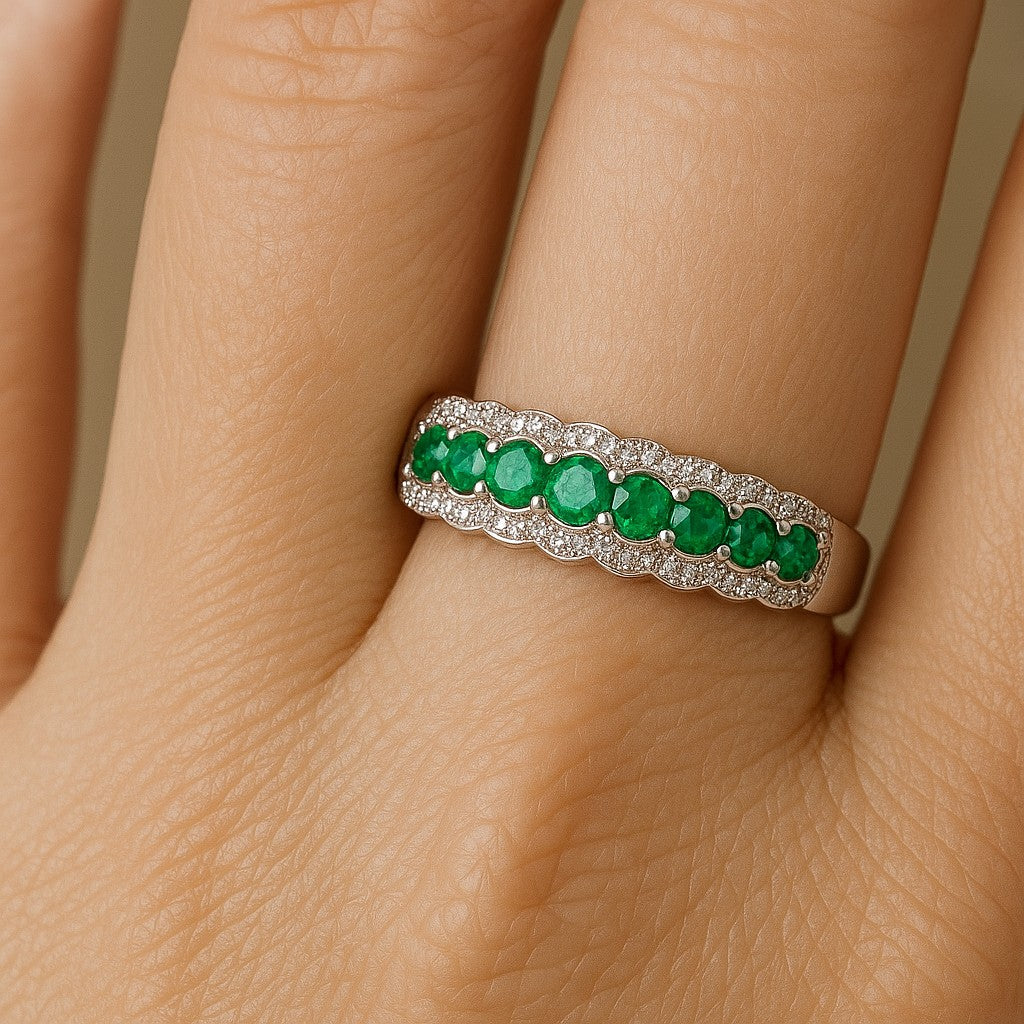 Double Halo Half Eternity Ring | Sterling Silver Birthstone Ring | Genuine Gemstone & Diamond Studded Ring | Personalized Promise Ring | Gift for Her