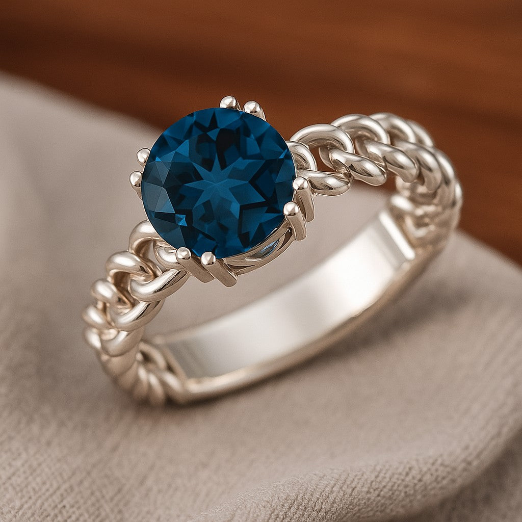 Chain Link Solitaire Ring | Sterling Silver Birthstone Ring | Genuine Gemstone & Diamond Studded Ring | Personalized Promise Ring | Gift for Her