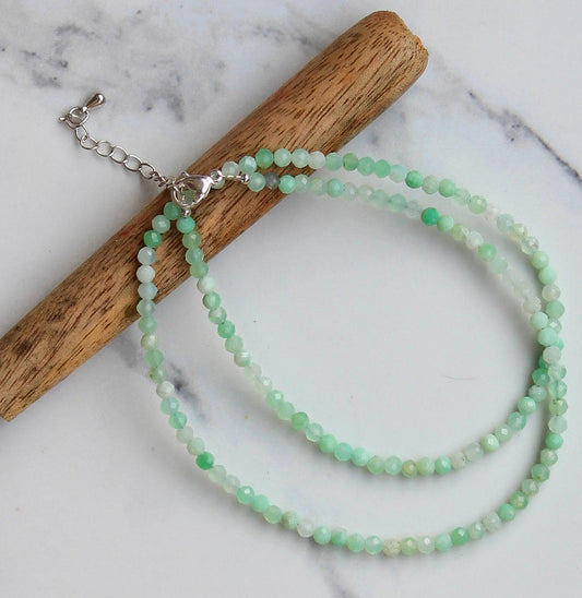 Genuine Chrysoprase Beads Necklace / Handcrafted Adjustable Mala Necklace / 3 MM Round Micro Faceted Beaded Necklace Jewelry - AS & JG