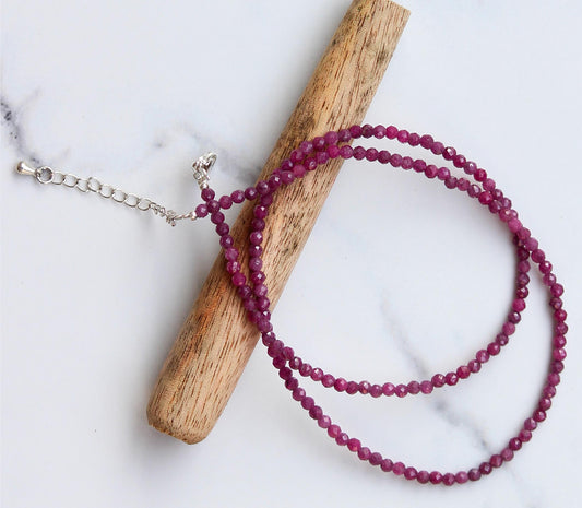Genuine Ruby Beads Necklace / Handcrafted Adjustable Mala Necklace / 3 MM Round Micro Faceted Beaded Necklace Jewelry - AS & JG