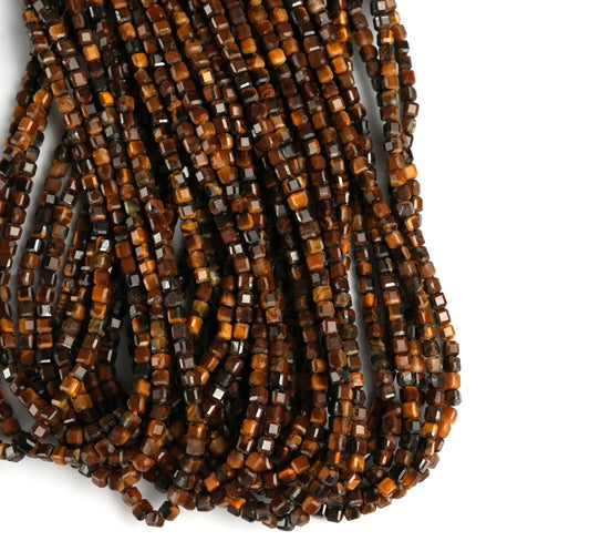 Natural Tiger's Eye Gemstone Cube/Box Micro Faceted Beads String 15.5 Inches Long 2/3/4/6 MM for Jewelry Making and Crafting - AS & JG