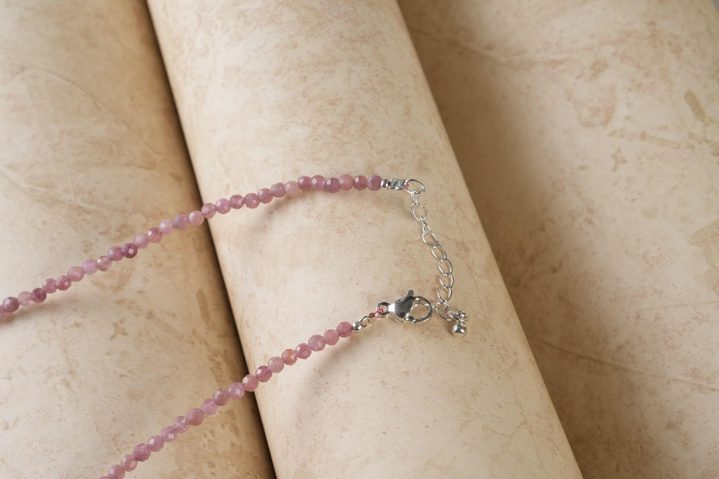 Genuine Pink Tourmaline Beads Necklace / Handcrafted Adjustable Mala Necklace / 3 MM Round Micro Faceted Beaded Necklace Jewelry - AS & JG