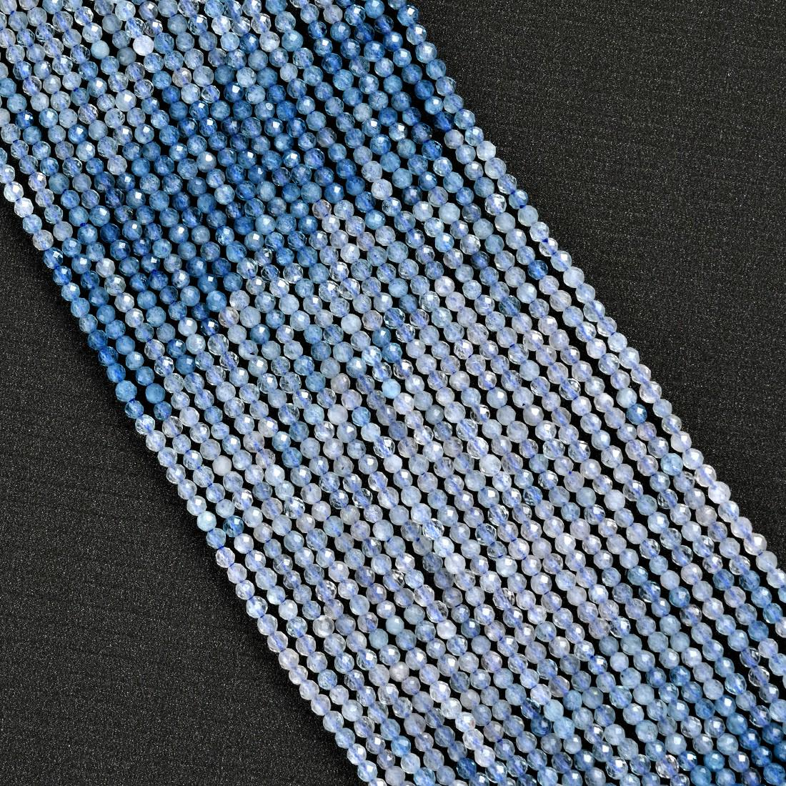 Natural Aquamarine Shaded Gemstone Round Micro Faceted Beads String 15.5 Inches Long 2/3/4/6 MM for Jewelry Making and Crafting - AS & JG