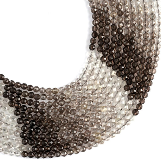 Natural Smoky Quartz Shaded Gemstone Round Micro Faceted Beads String 15.5 Inches Long 2/3/4/6 MM for Jewelry Making and Crafting - AS & JG